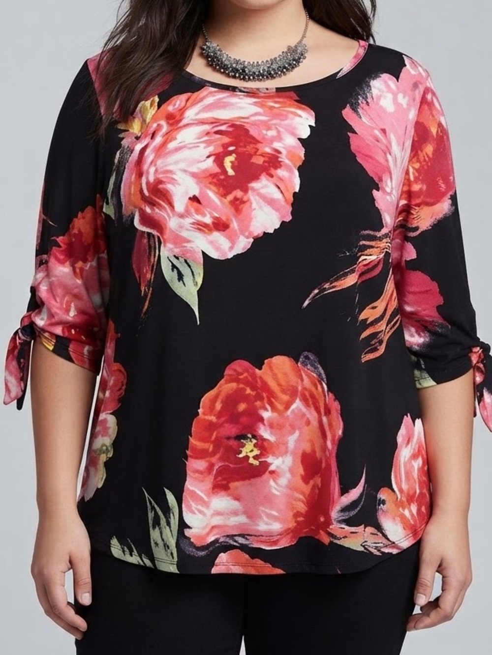 😍CLEARANCE - CLEO Petites Black Top Cold Shoulder Pink & Red Floral Print XLP